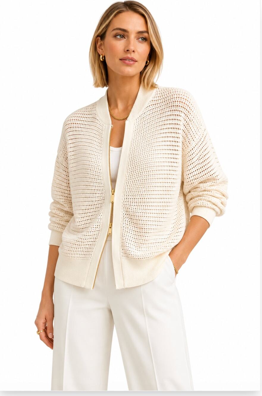 Varley Ward Open Knit Zip Cardigan Ivory Gold Zip Lightweight Sweater Size L
